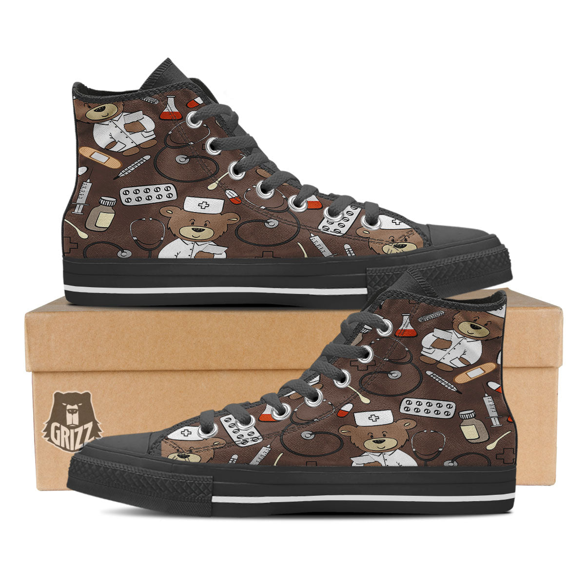Brown Teddy Bear Nurse Black High Top Shoes-grizzshop