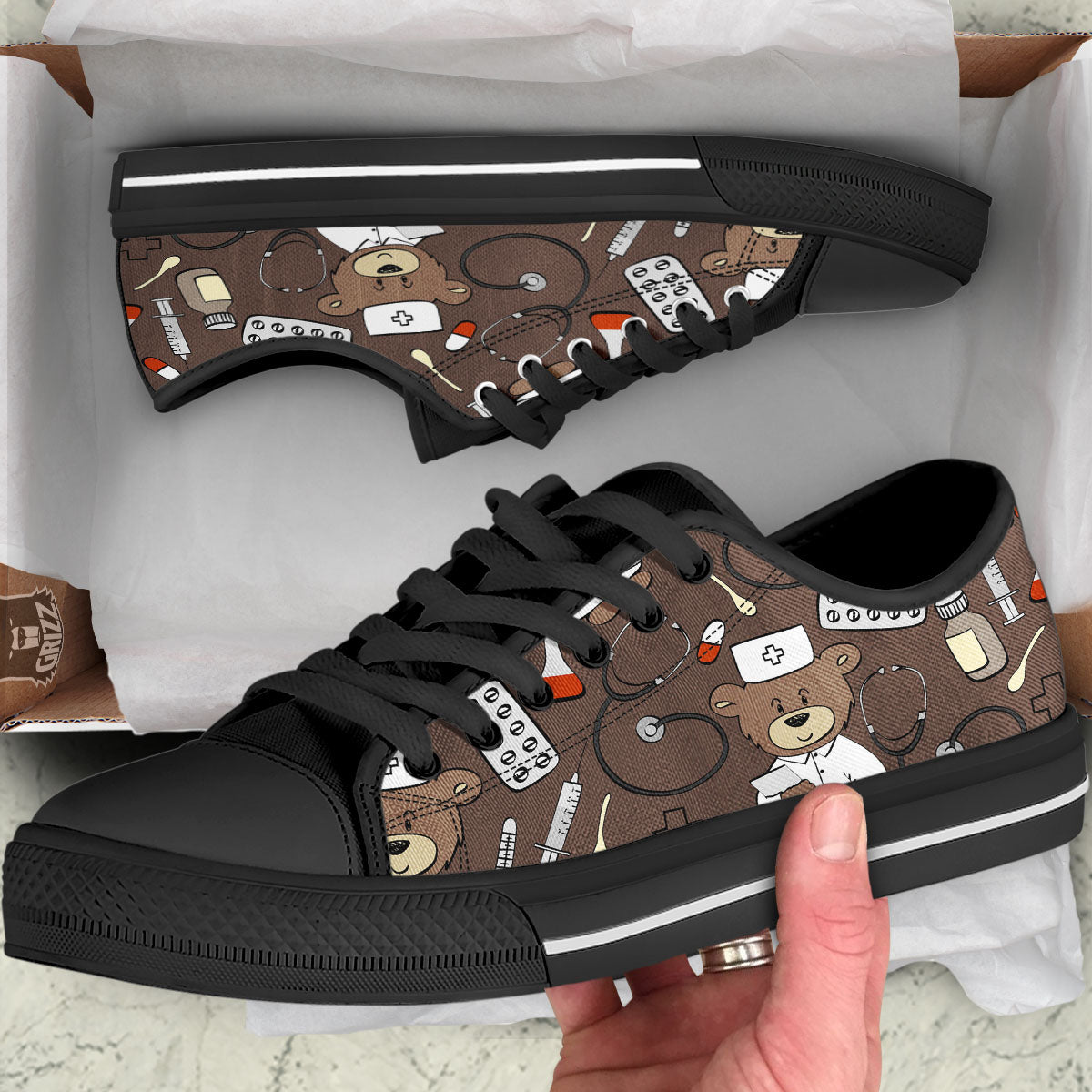 Brown Teddy Bear Nurse Black Low Top Shoes-grizzshop