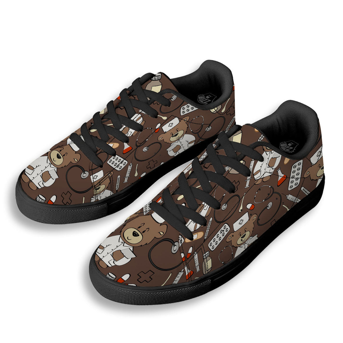 Brown Teddy Bear Nurse Black Low Top Sneakers-grizzshop