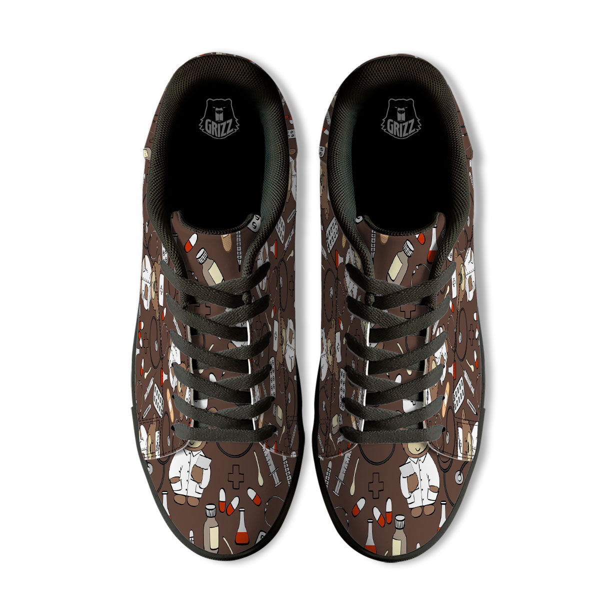 Brown Teddy Bear Nurse Black Low Top Sneakers-grizzshop
