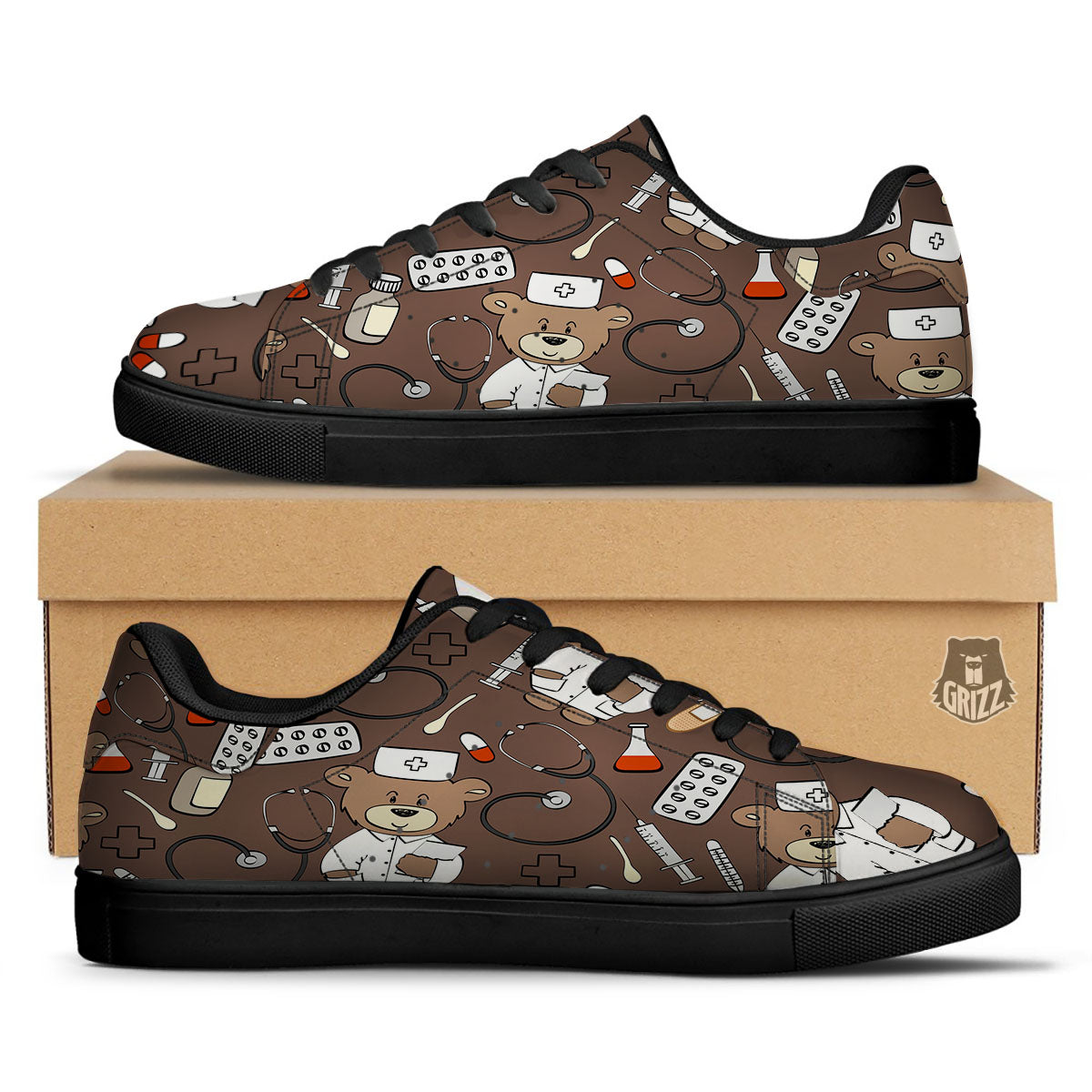 Brown Teddy Bear Nurse Black Low Top Sneakers-grizzshop