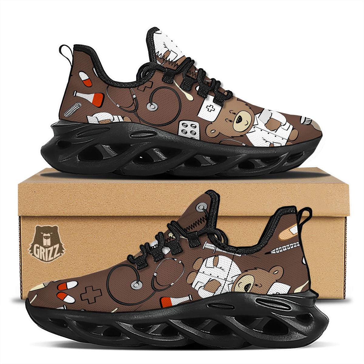 Brown Teddy Bear Nurse Black Running Shoes-grizzshop