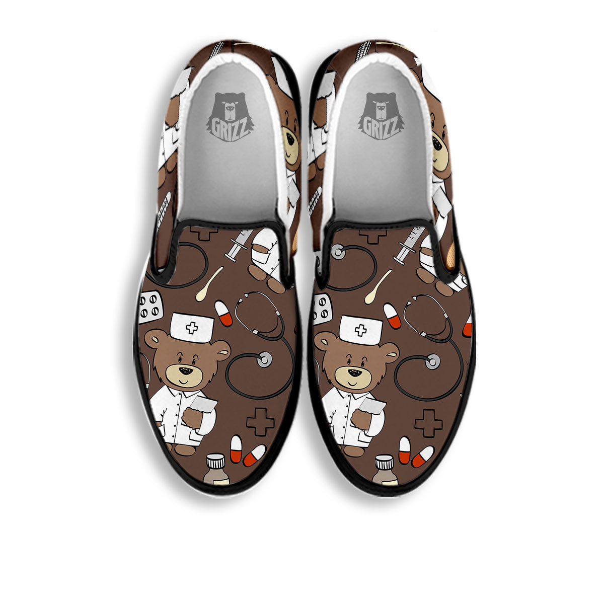 Brown Teddy Bear Nurse Black Slip On Shoes-grizzshop