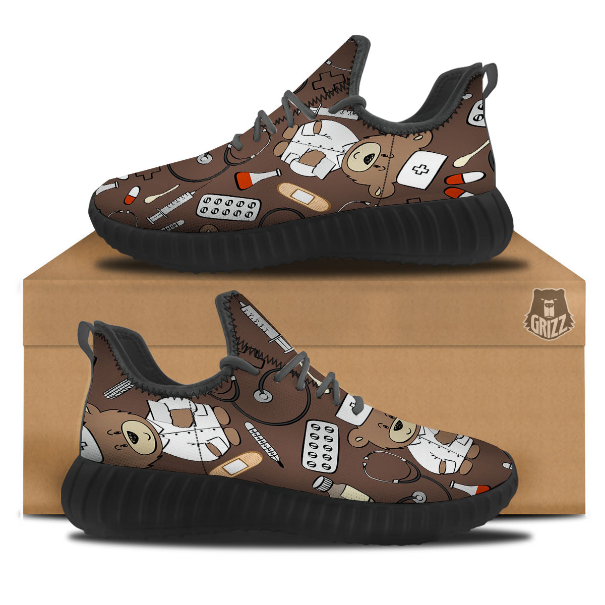 Brown Teddy Bear Nurse Black Walking Shoes-grizzshop