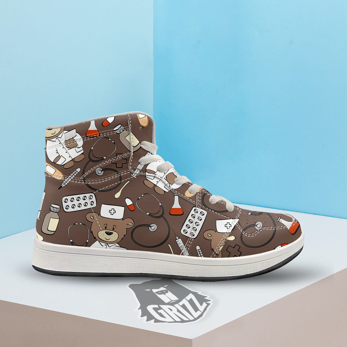 Brown Teddy Bear Nurse High Top Sneakers-grizzshop