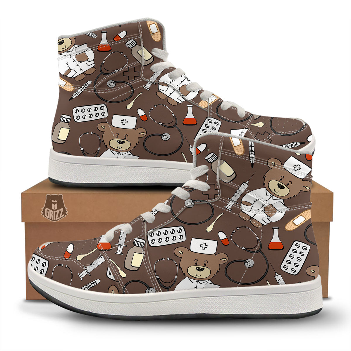 Brown Teddy Bear Nurse High Top Sneakers-grizzshop