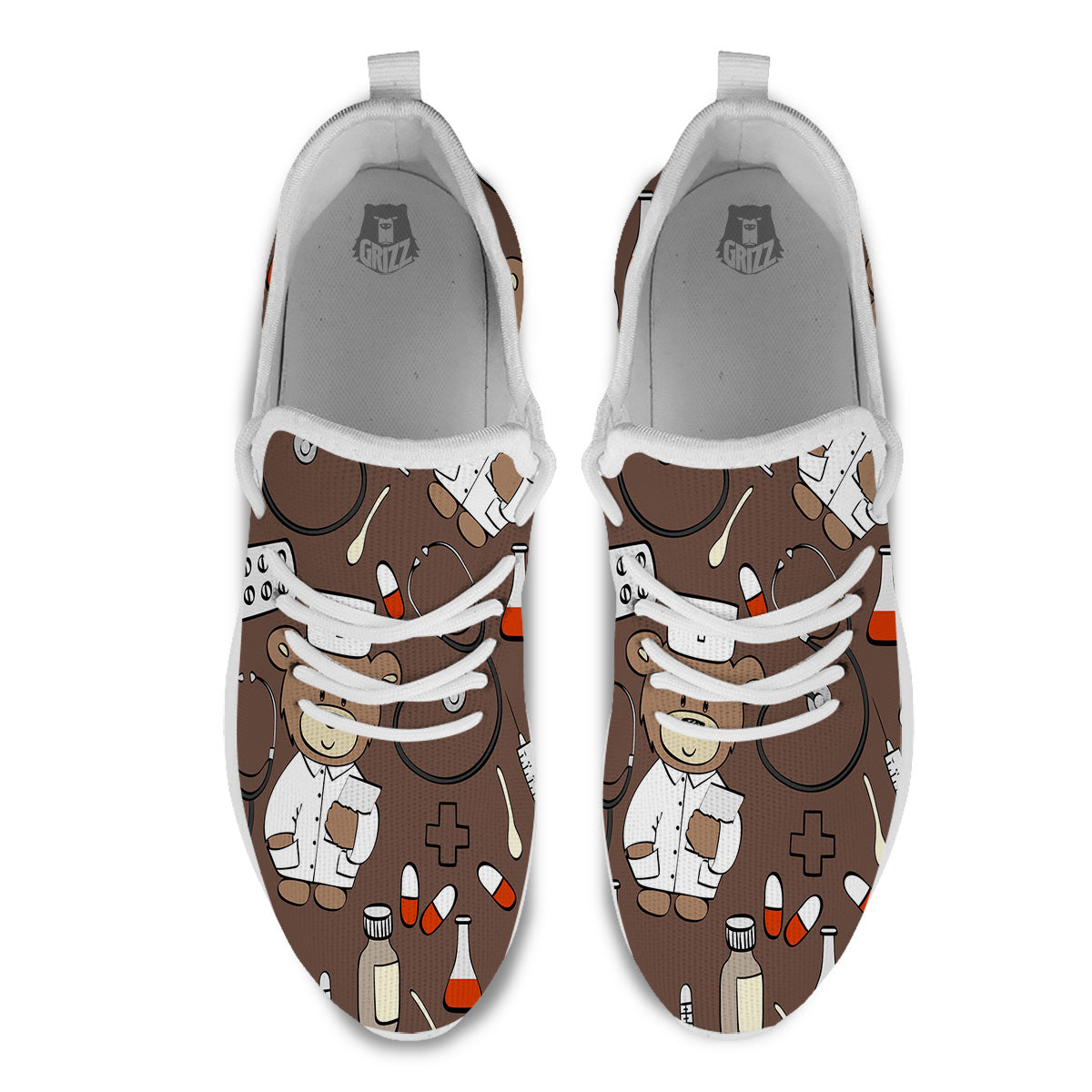 Brown Teddy Bear Nurse White Athletic Shoes-grizzshop