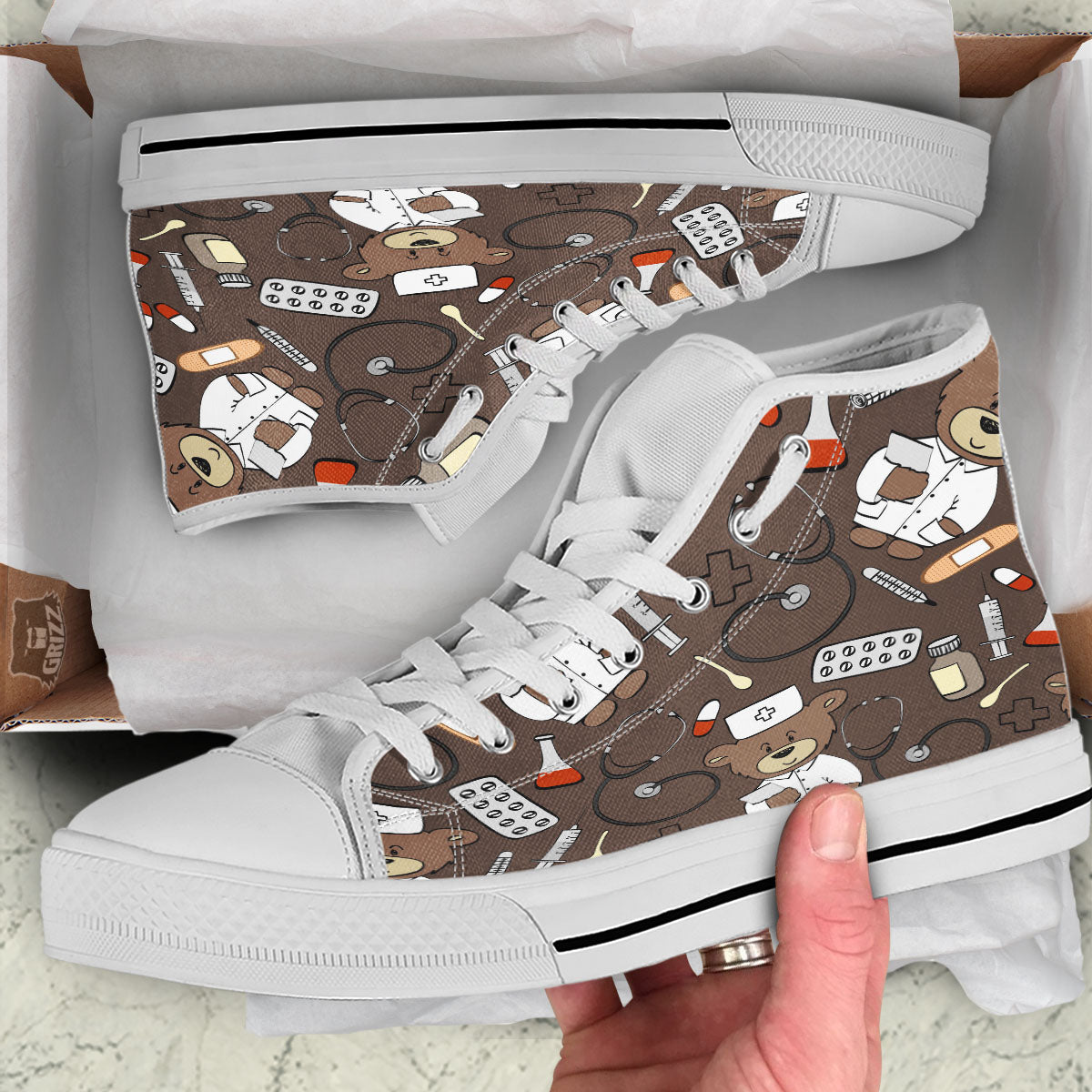 Brown Teddy Bear Nurse White High Top Shoes-grizzshop