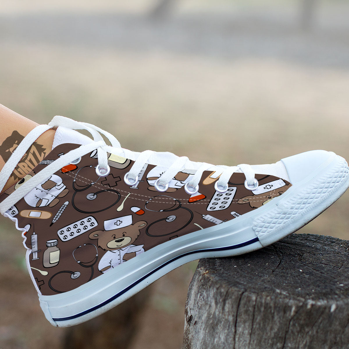 Brown Teddy Bear Nurse White High Top Shoes-grizzshop