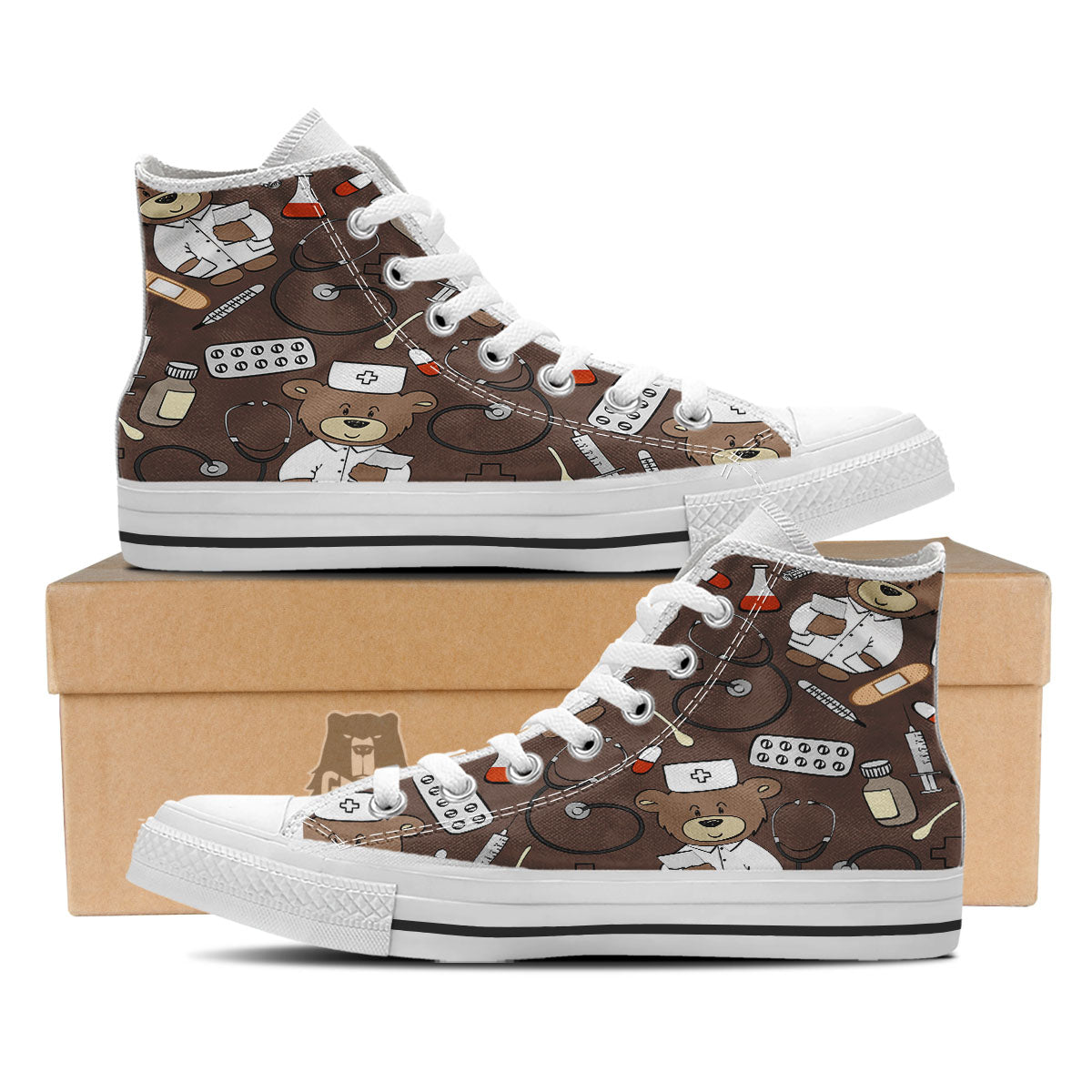 Brown Teddy Bear Nurse White High Top Shoes-grizzshop