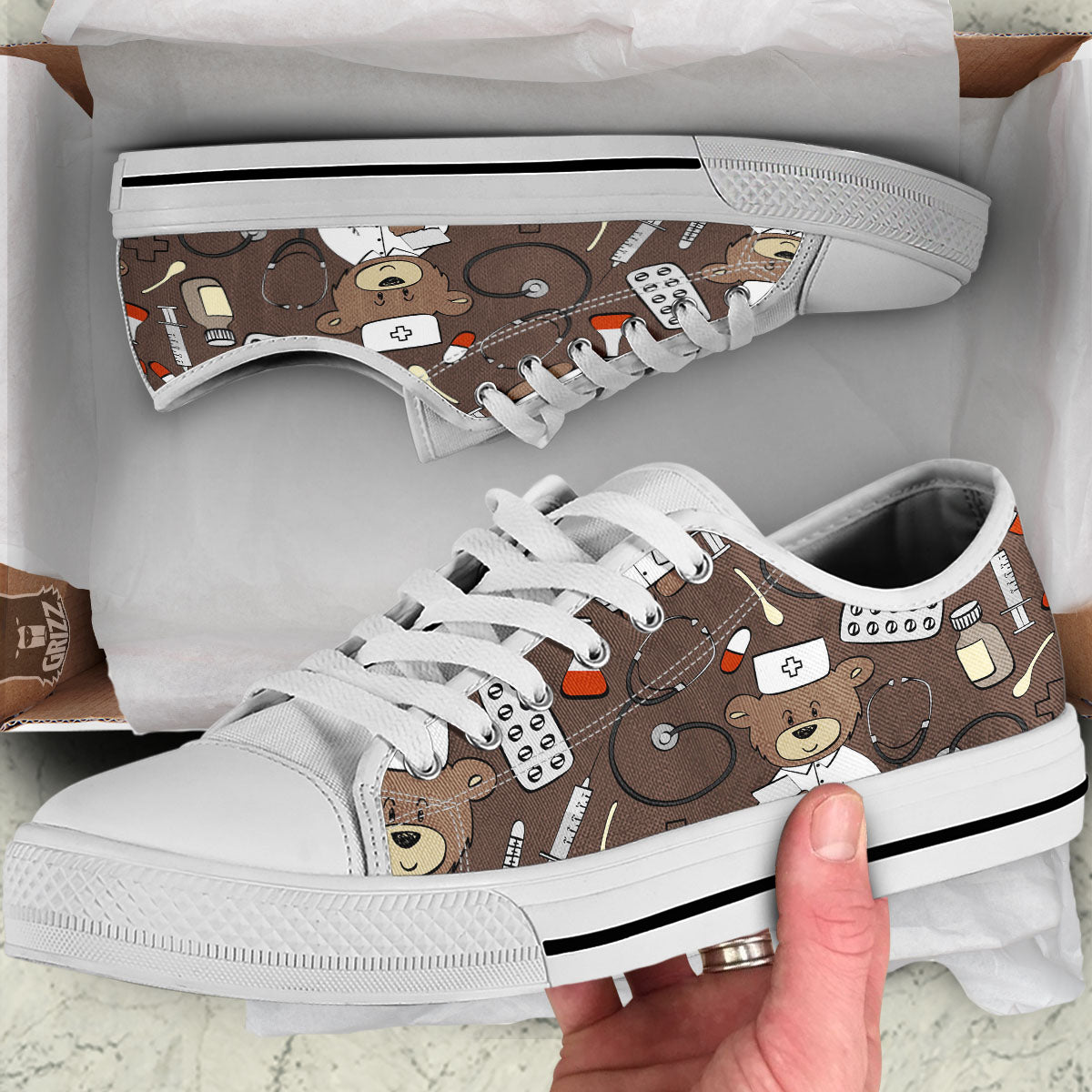 Brown Teddy Bear Nurse White Low Top Shoes-grizzshop