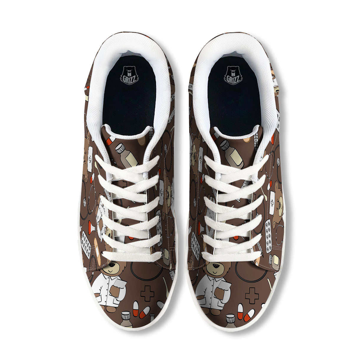 Brown Teddy Bear Nurse White Low Top Sneakers-grizzshop