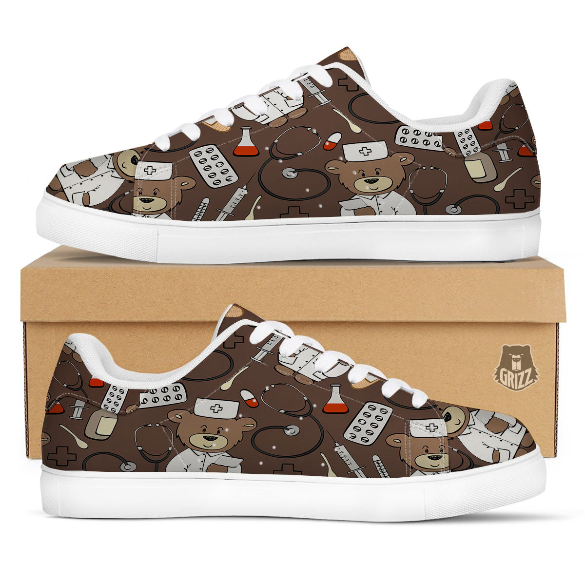 Brown Teddy Bear Nurse White Low Top Sneakers-grizzshop