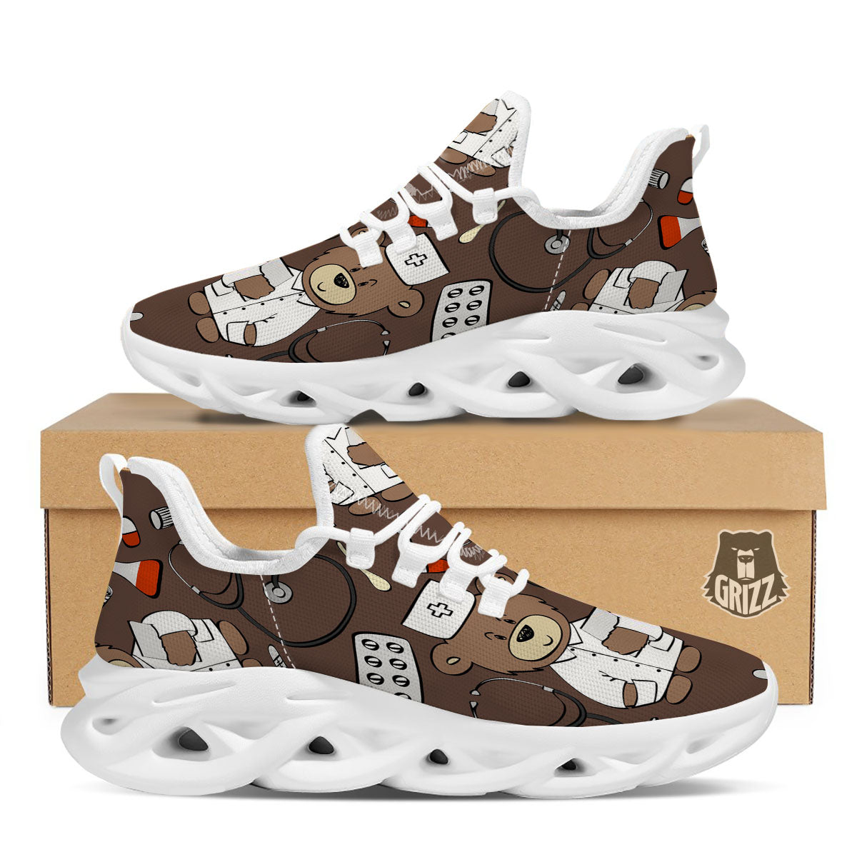 Brown Teddy Bear Nurse White Running Shoes-grizzshop
