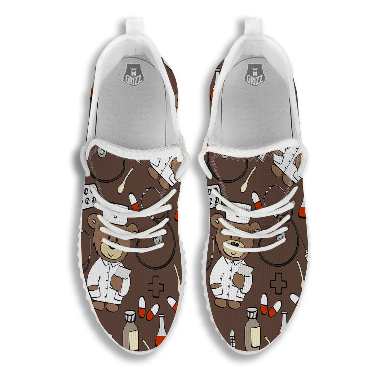 Brown Teddy Bear Nurse White Walking Shoes-grizzshop