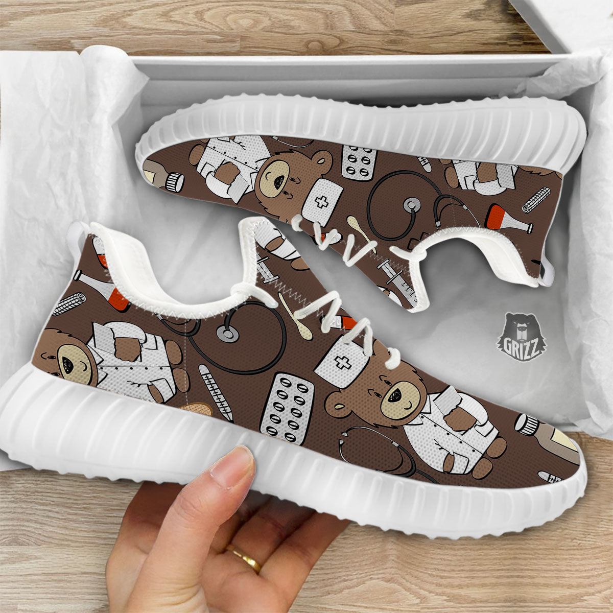 Brown Teddy Bear Nurse White Walking Shoes-grizzshop