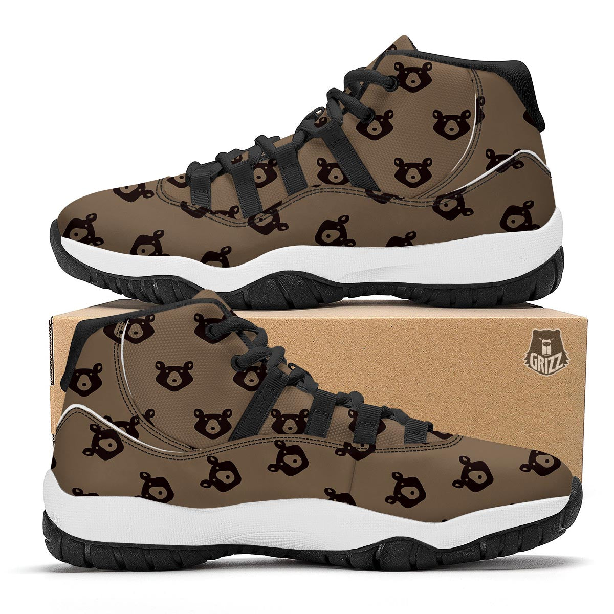 Brown Teddy Bear Pattern Print Black Bball Shoes-grizzshop