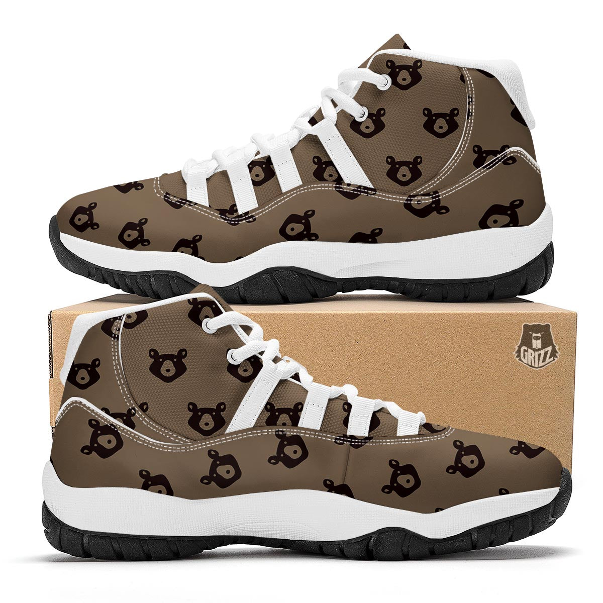 Brown Teddy Bear Pattern Print White Bball Shoes-grizzshop