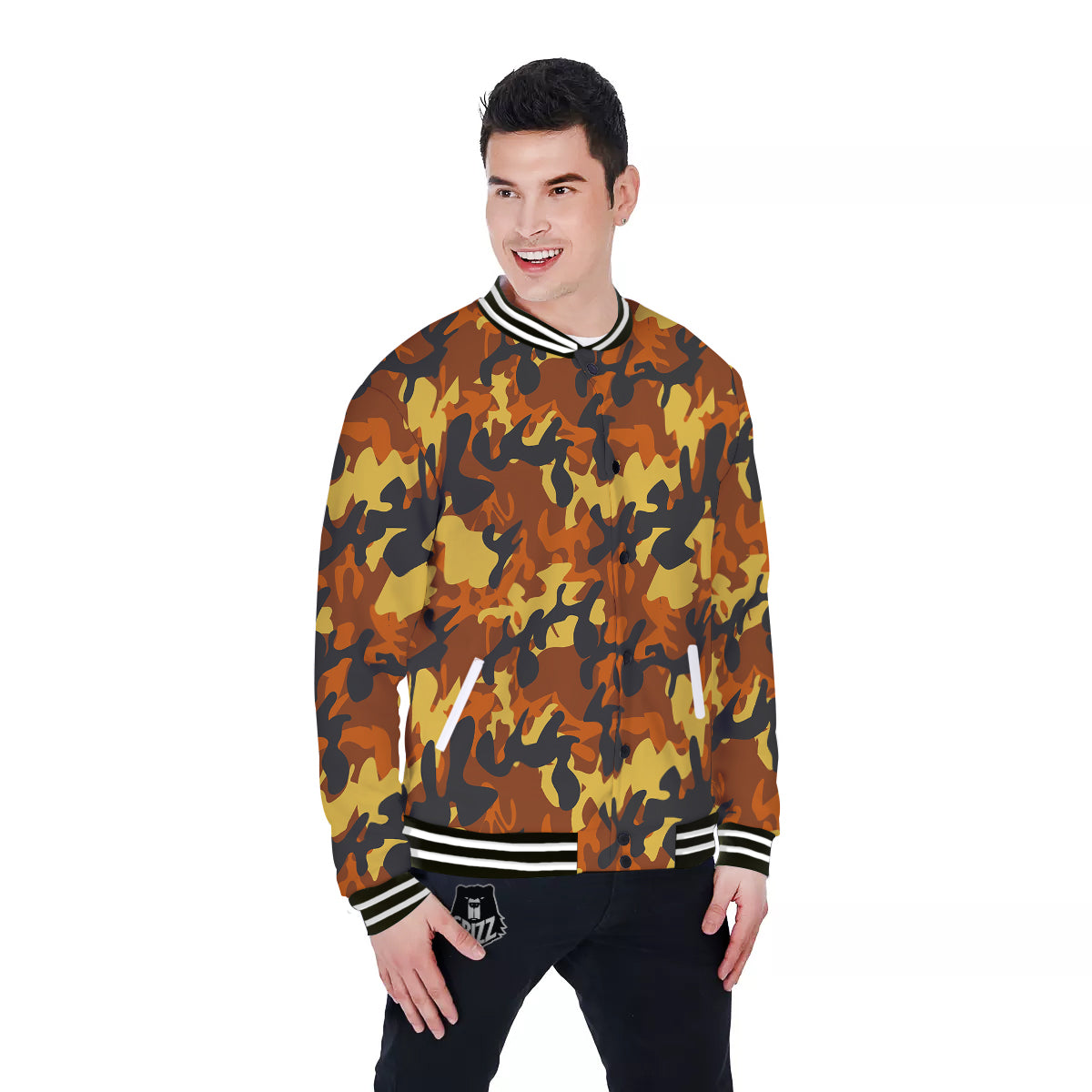 Brown Yellow And Black Camouflage Print Pattern Baseball Jacket-grizzshop