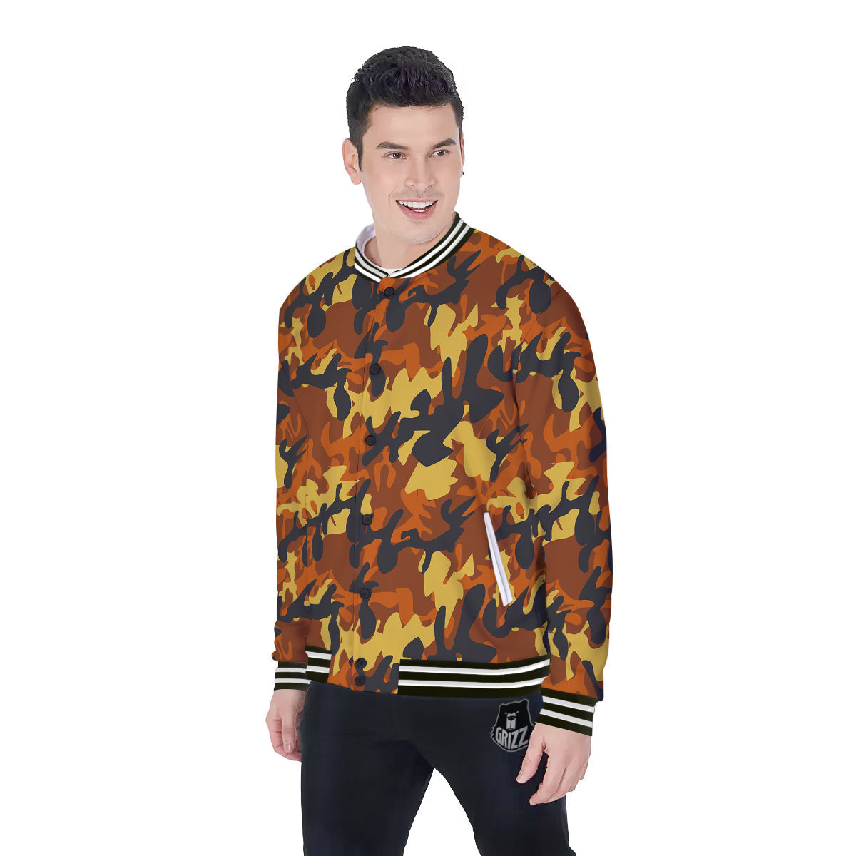 Brown Yellow And Black Camouflage Print Pattern Baseball Jacket-grizzshop
