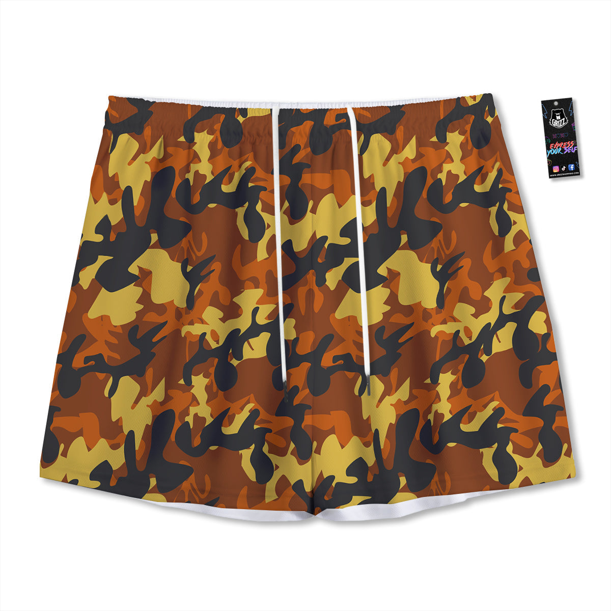 Brown Yellow And Black Camouflage Print Pattern Mesh Shorts