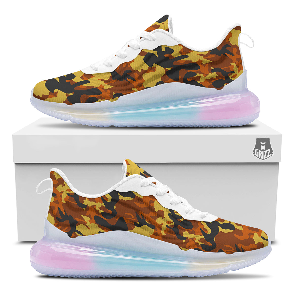 Brown Yellow And Black Camouflage Print Pattern Running Sneakers-grizzshop