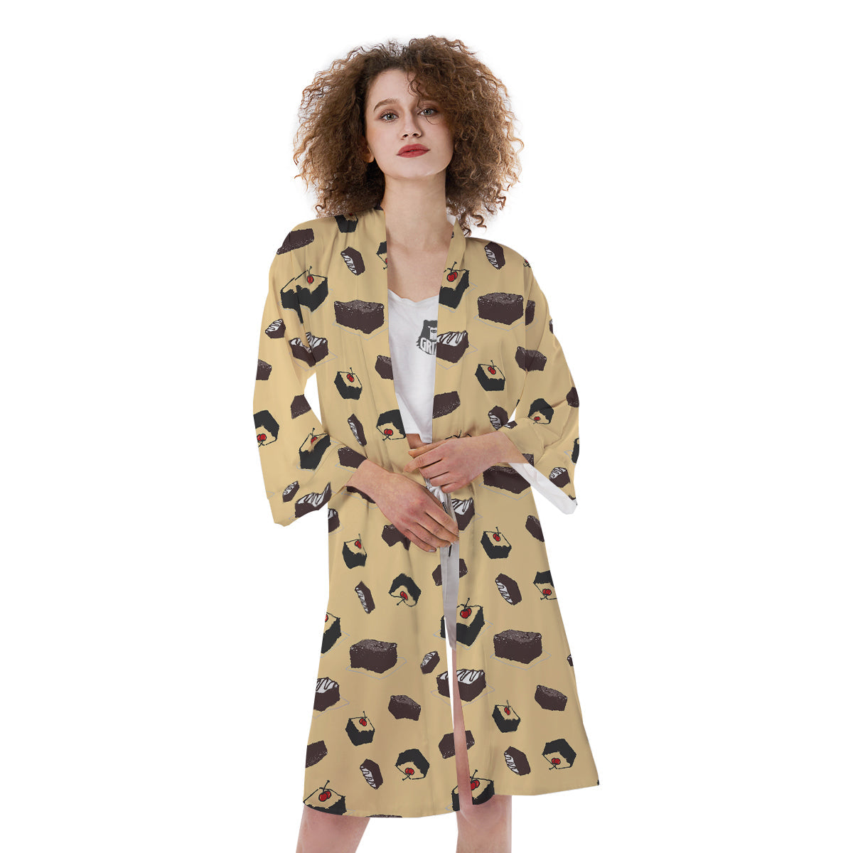 Brownie Beige Print Pattern Kimono-grizzshop