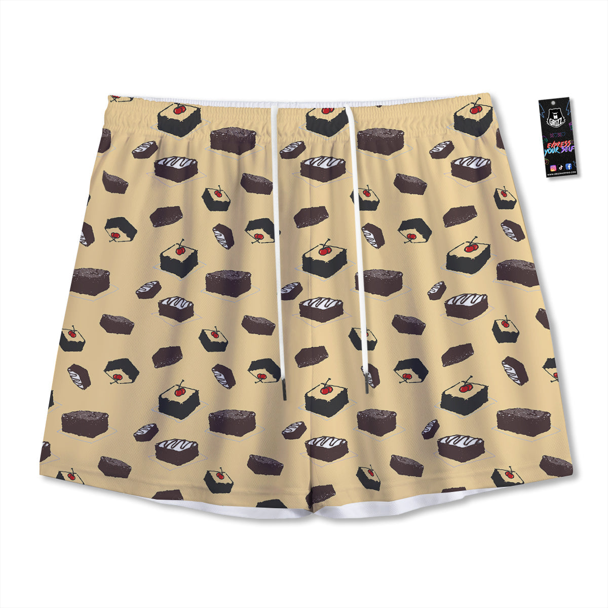 Brownie Beige Print Pattern Mesh Shorts-grizzshop