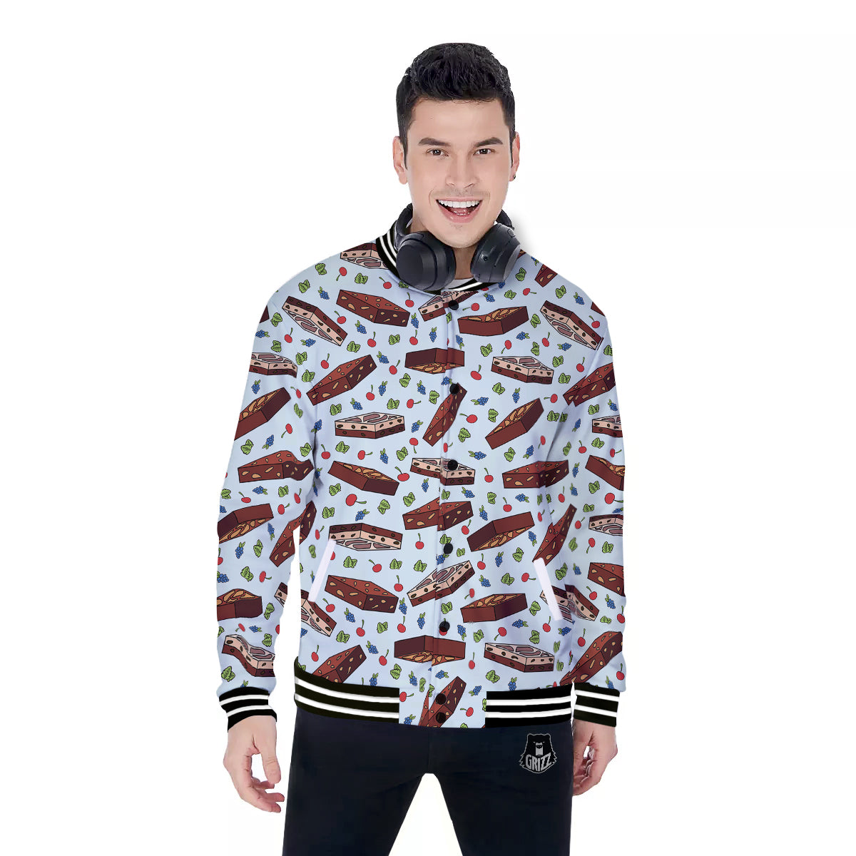 Brownie Brown Print Pattern Baseball Jacket-grizzshop