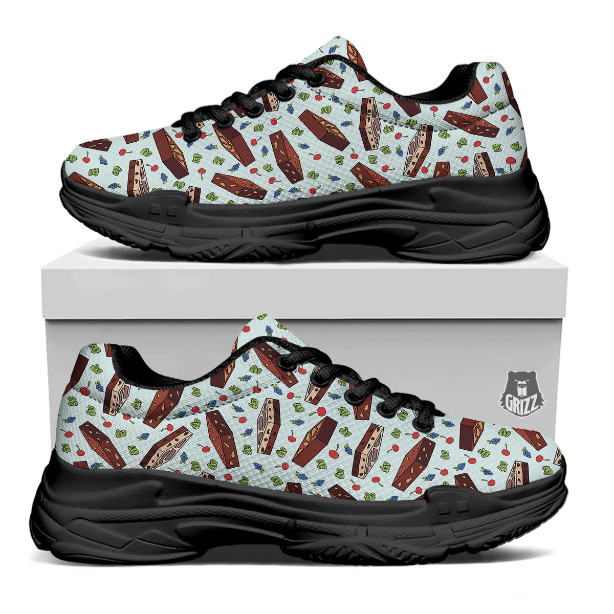 Brownie Brown Print Pattern Black Chunky Shoes-grizzshop