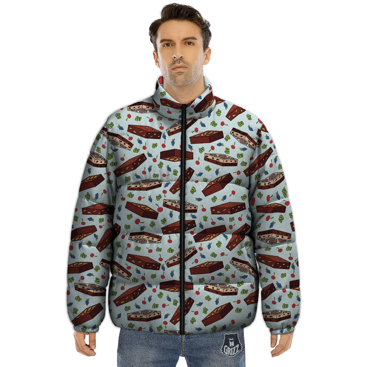 Brownie Brown Print Pattern Puffer Jacket-grizzshop
