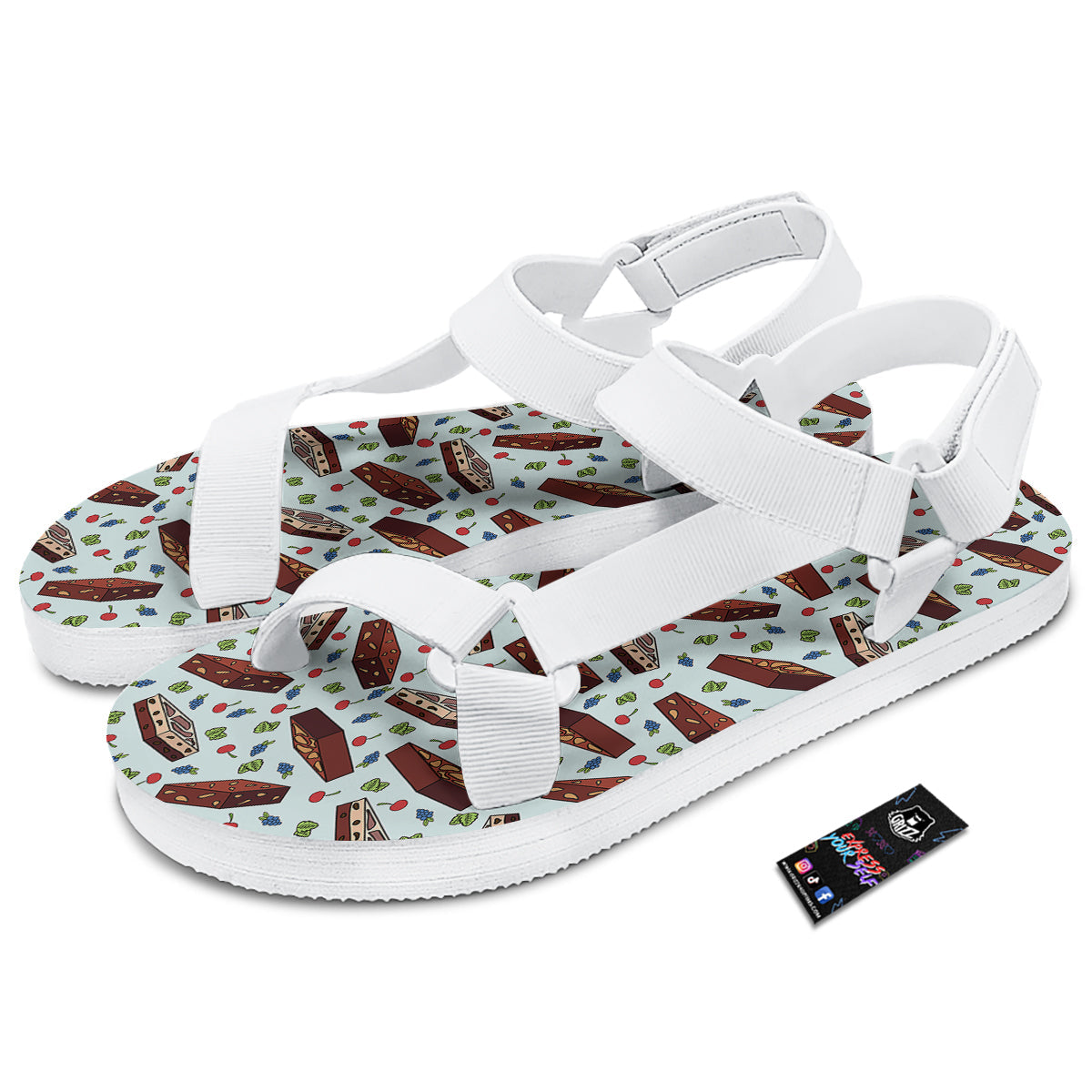 Brownie Brown Print Pattern White Open Toe Sandals-grizzshop