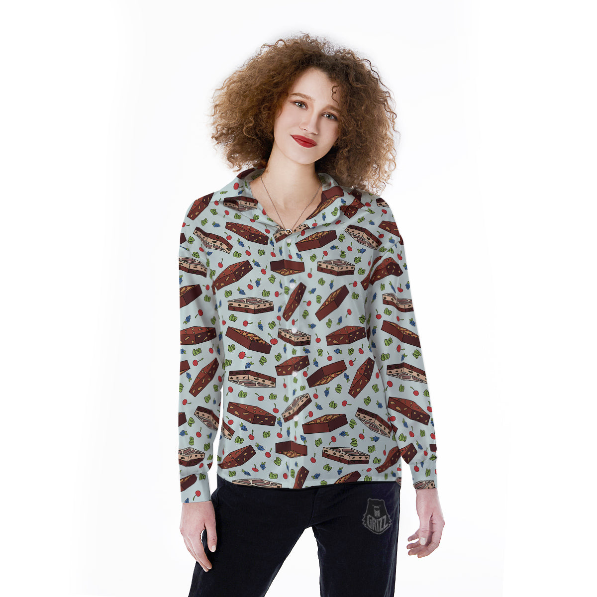 Brownie Brown Print Pattern Women's Long Sleeve Shirts-grizzshop