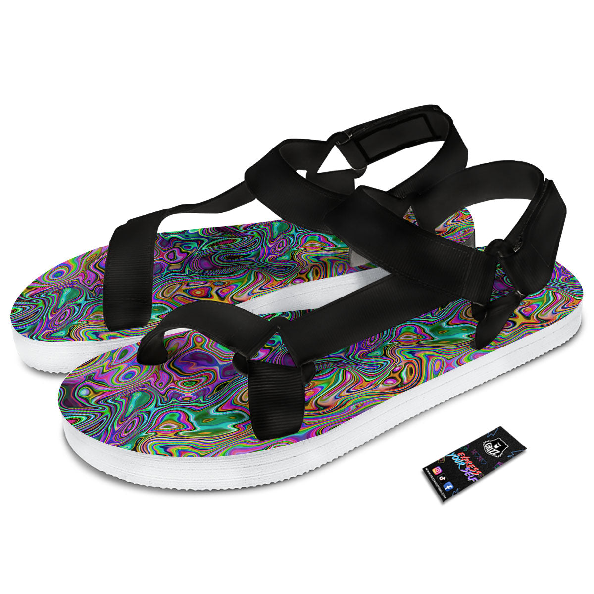 Bubble Psychedelic Print Pattern Black Open Toe Sandals-grizzshop