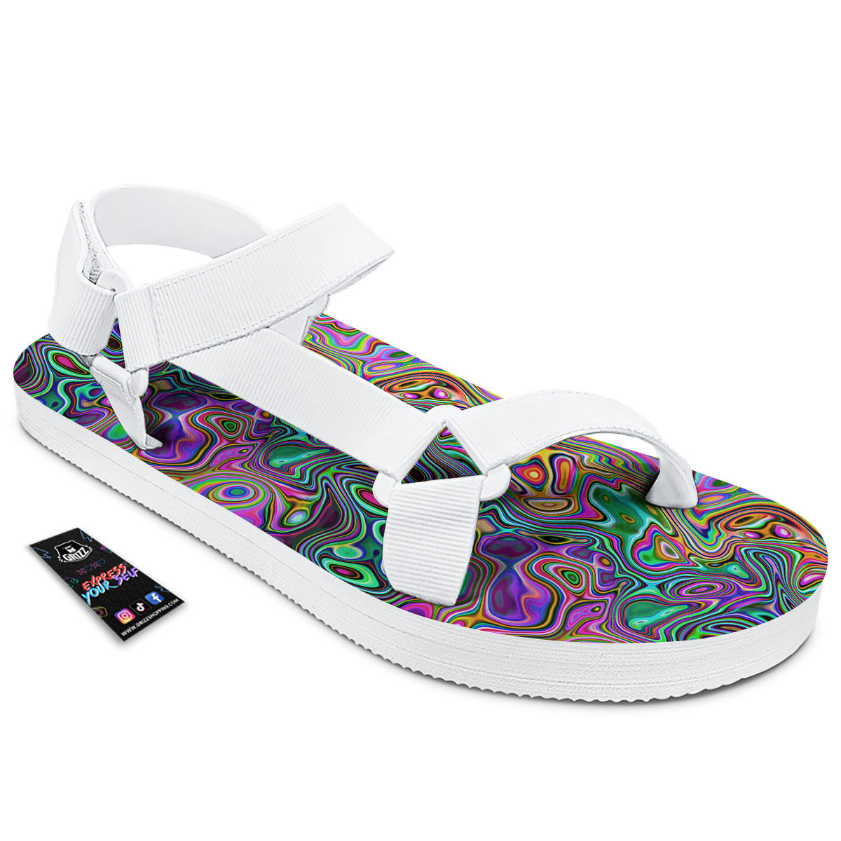 Bubble Psychedelic Print Pattern White Open Toe Sandals-grizzshop
