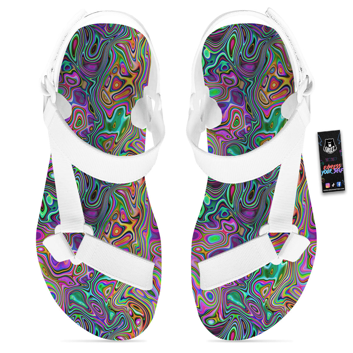Bubble Psychedelic Print Pattern White Open Toe Sandals-grizzshop