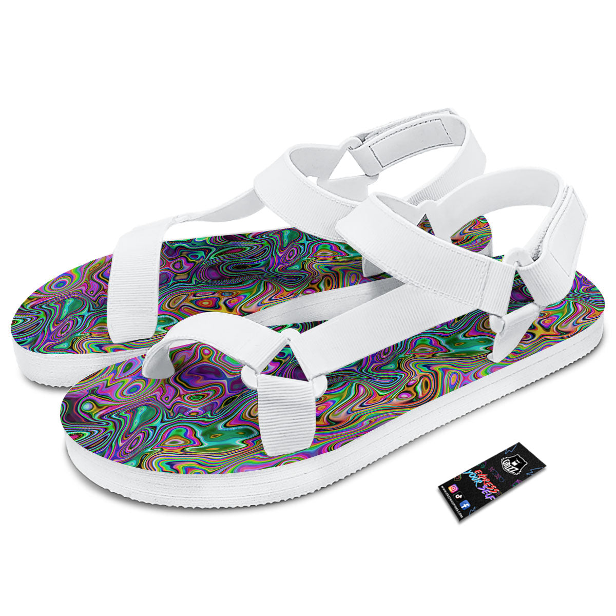 Bubble Psychedelic Print Pattern White Open Toe Sandals-grizzshop