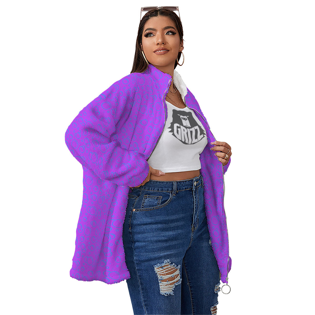 Bubble Purple Print Pattern Women's Sherpa Jacket-grizzshop