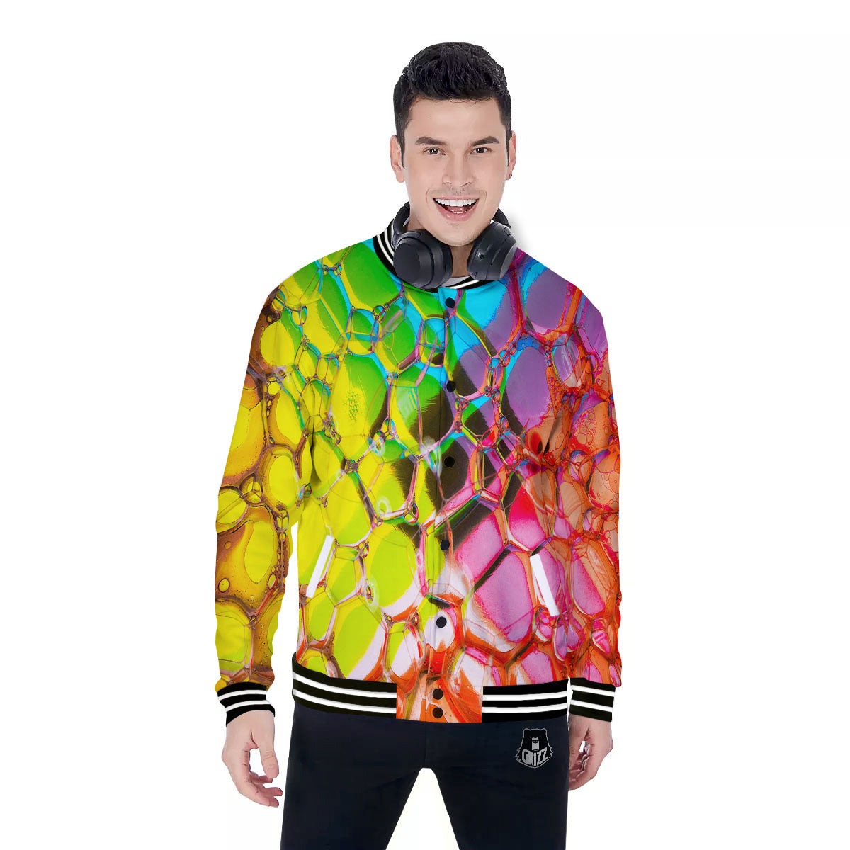Bubble Soap Psychedelic Print Baseball Jacket-grizzshop