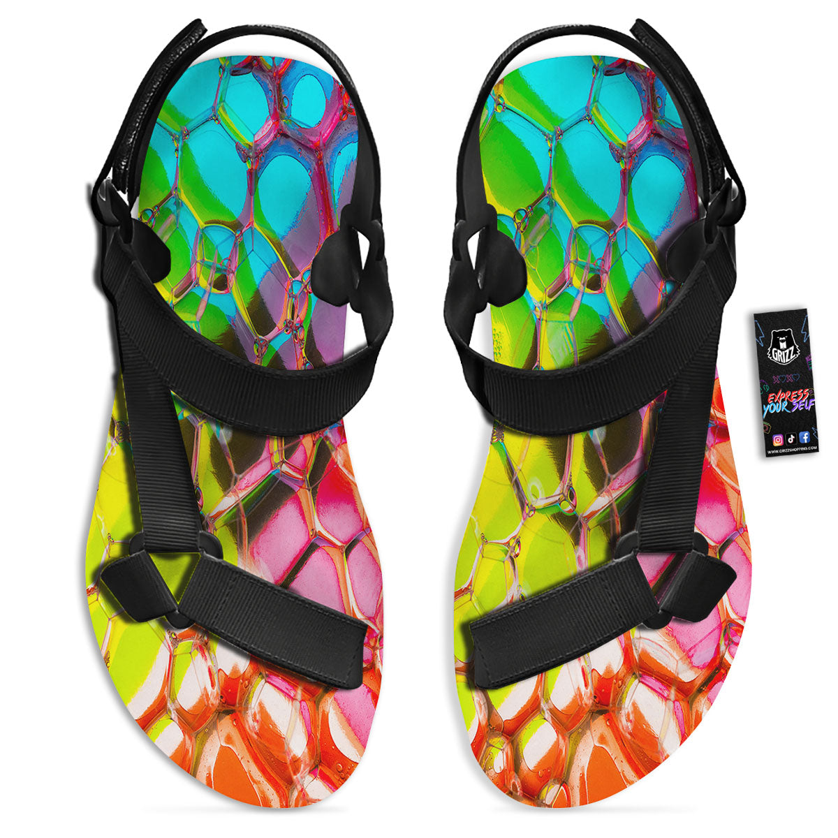 Bubble Soap Psychedelic Print Black Open Toe Sandals-grizzshop