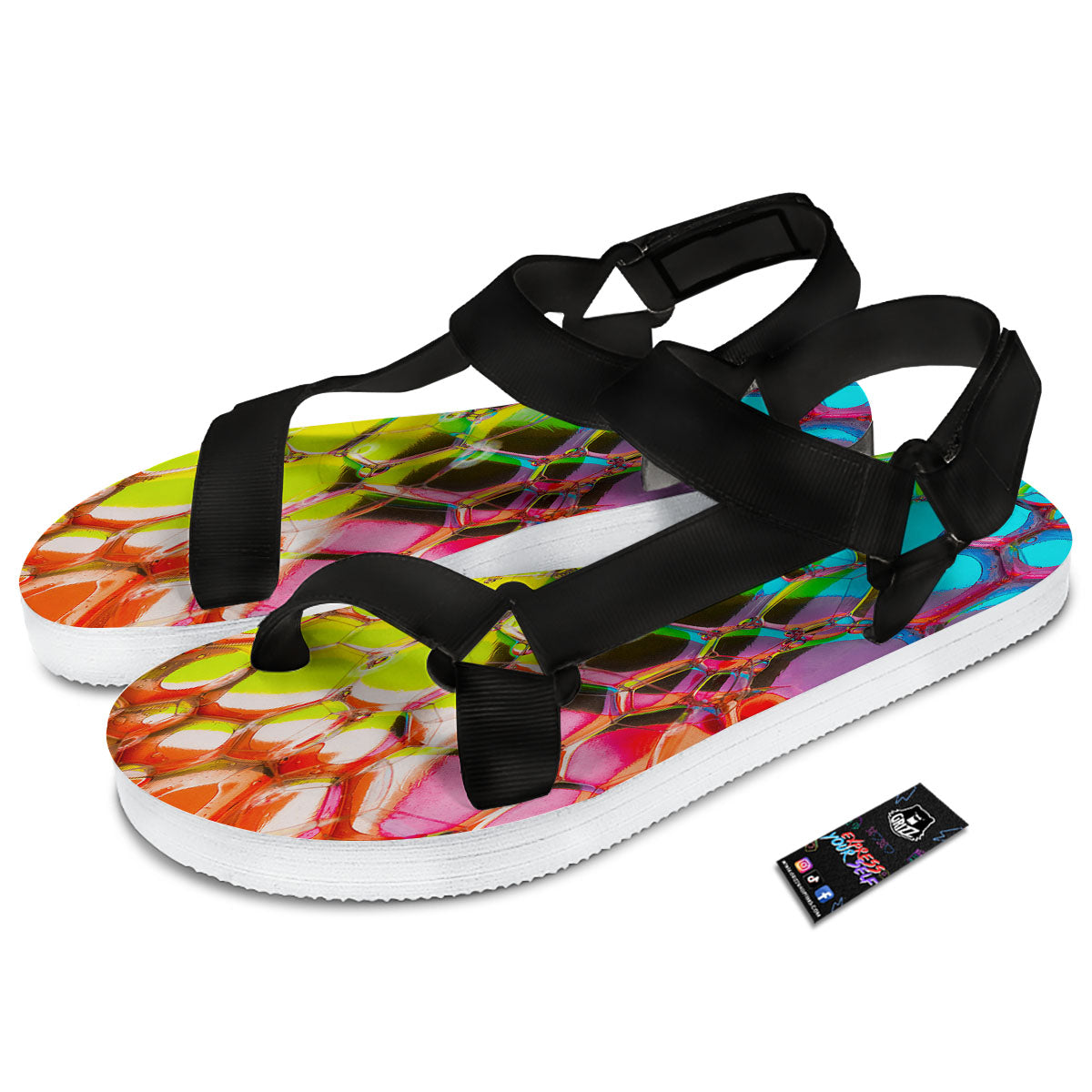Bubble Soap Psychedelic Print Black Open Toe Sandals-grizzshop