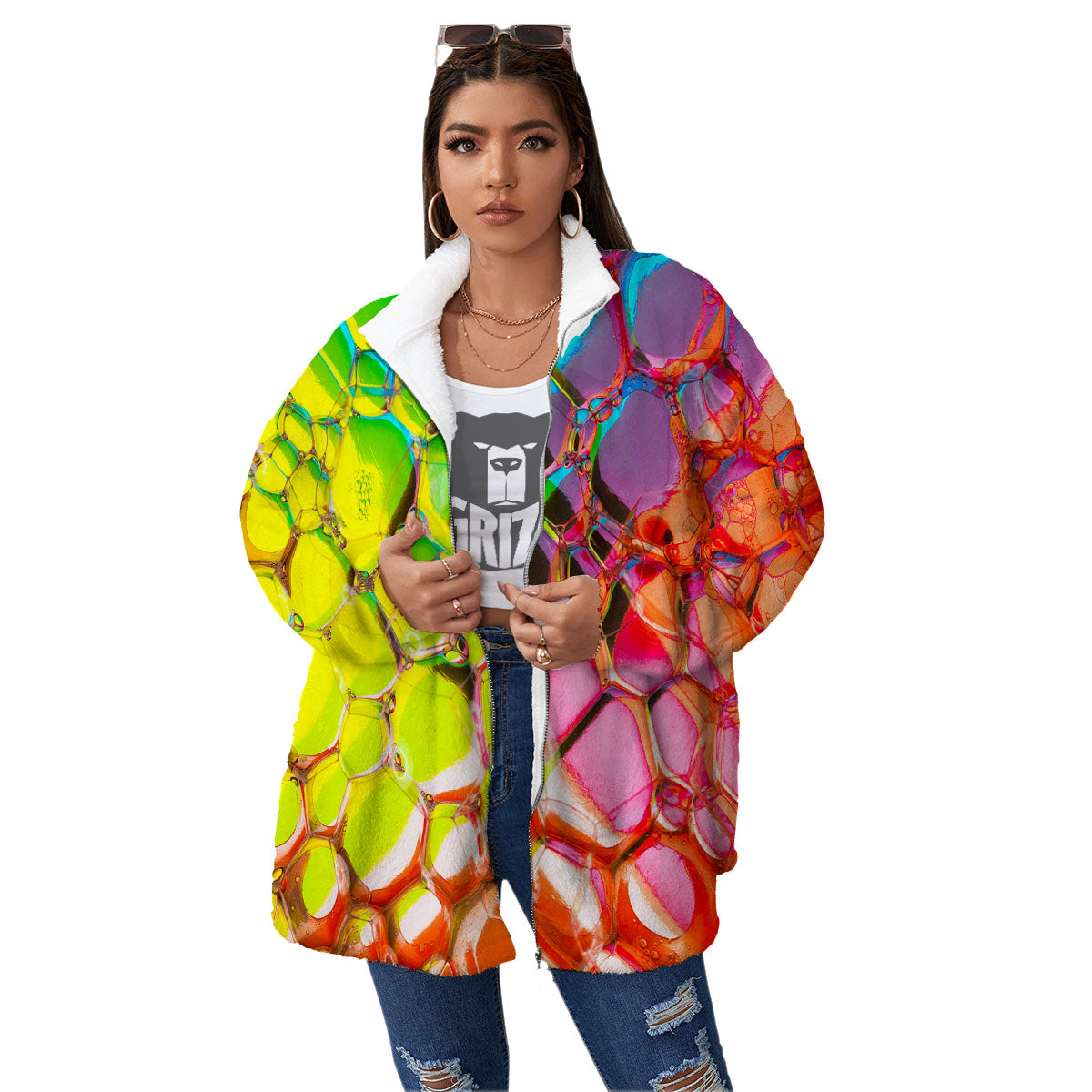 Bubble Soap Psychedelic Print Women's Sherpa Jacket-grizzshop