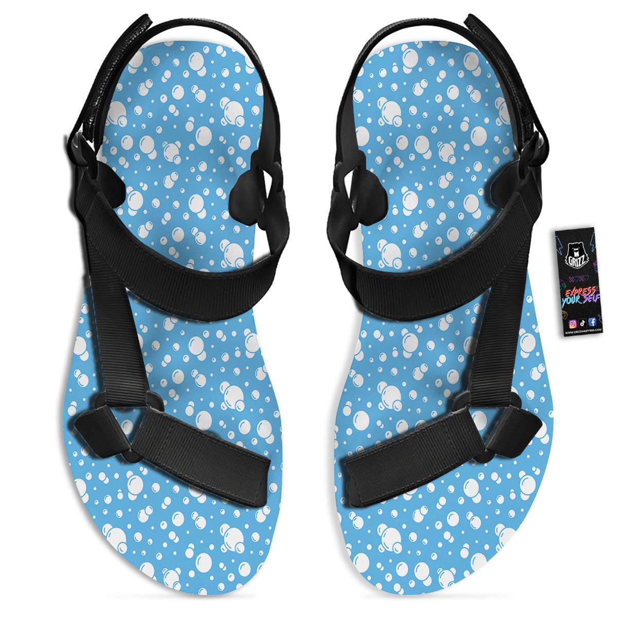 Bubble White And Blue Print Pattern Black Open Toe Sandals-grizzshop