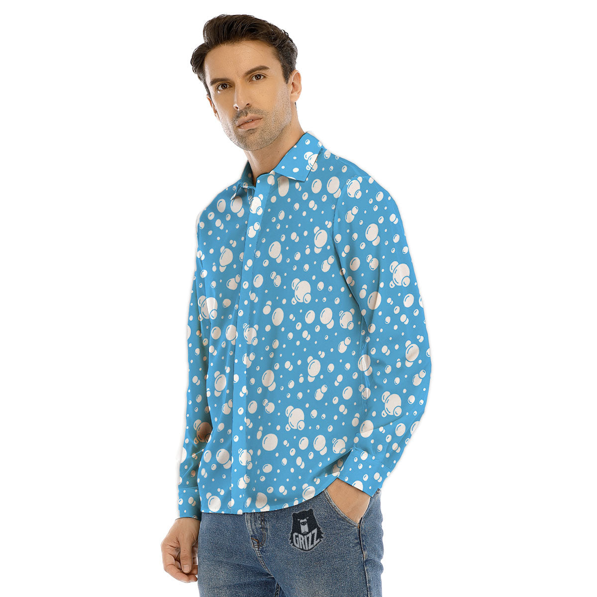Bubble White And Blue Print Pattern Men's Dress Shirts-grizzshop