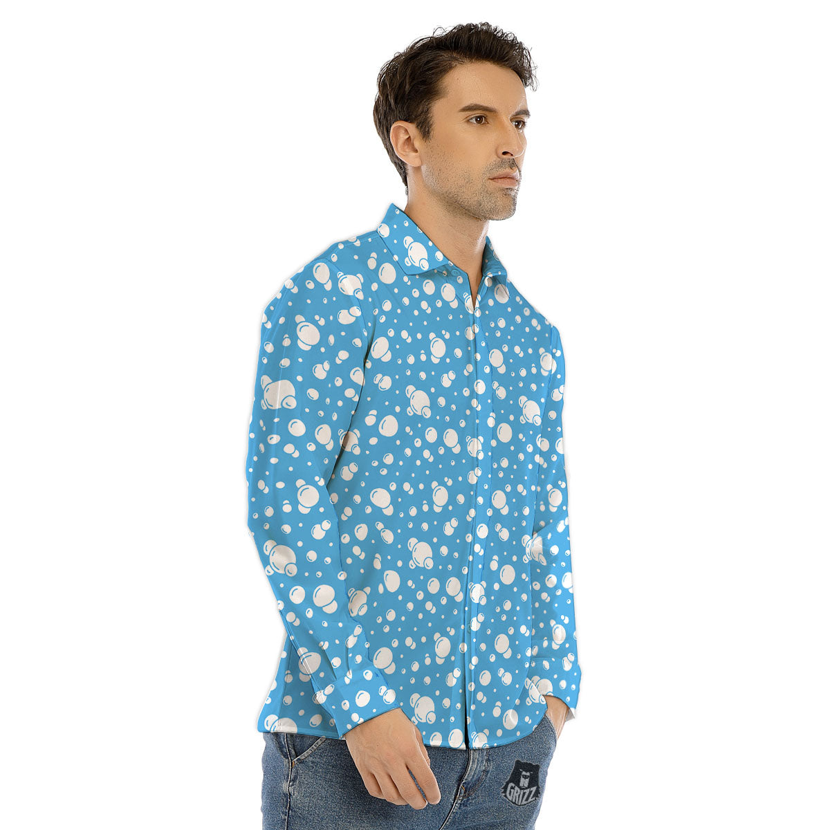Bubble White And Blue Print Pattern Men's Dress Shirts-grizzshop