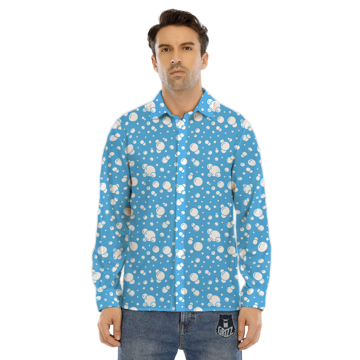 Bubble White And Blue Print Pattern Men's Dress Shirts-grizzshop