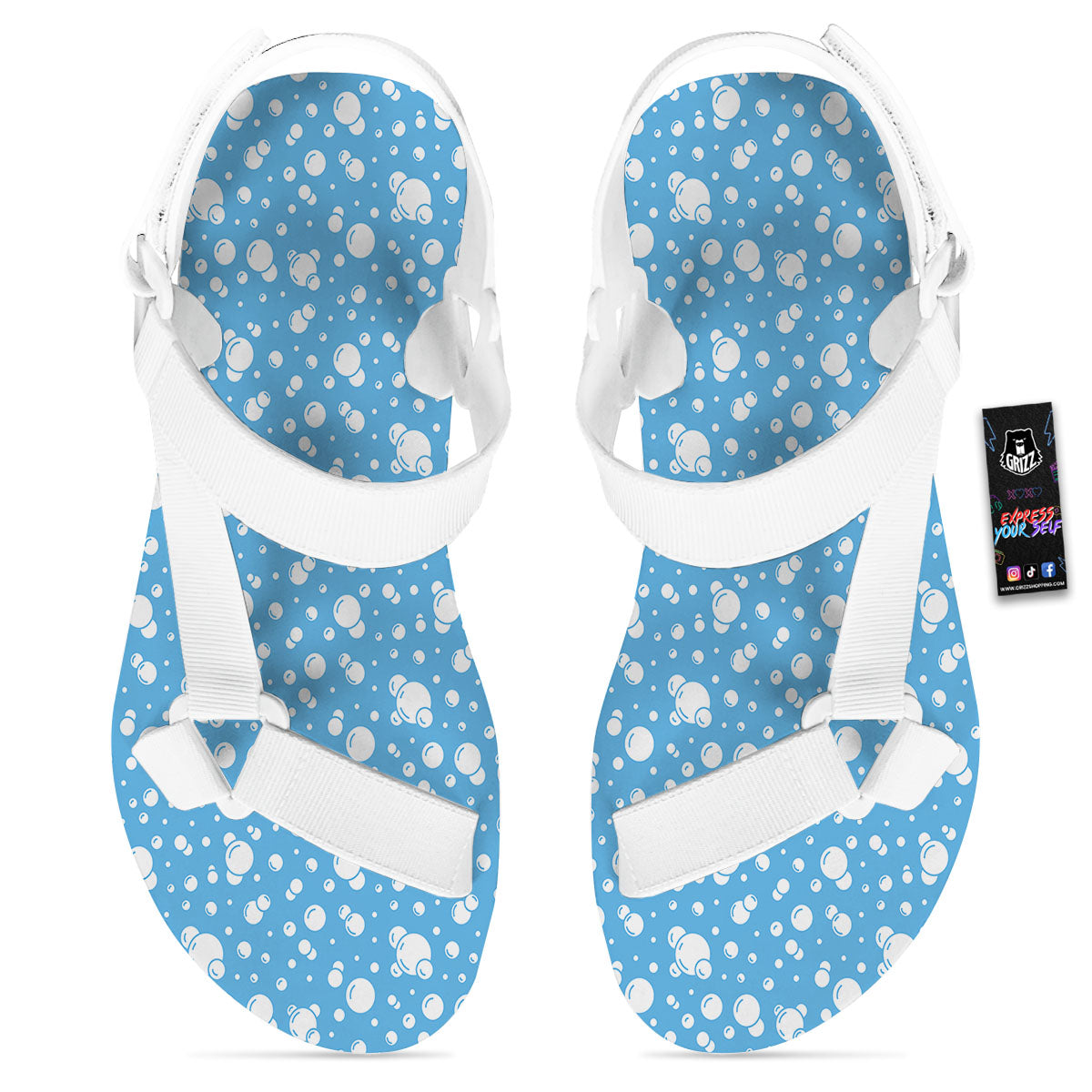 Bubble White And Blue Print Pattern White Open Toe Sandals-grizzshop