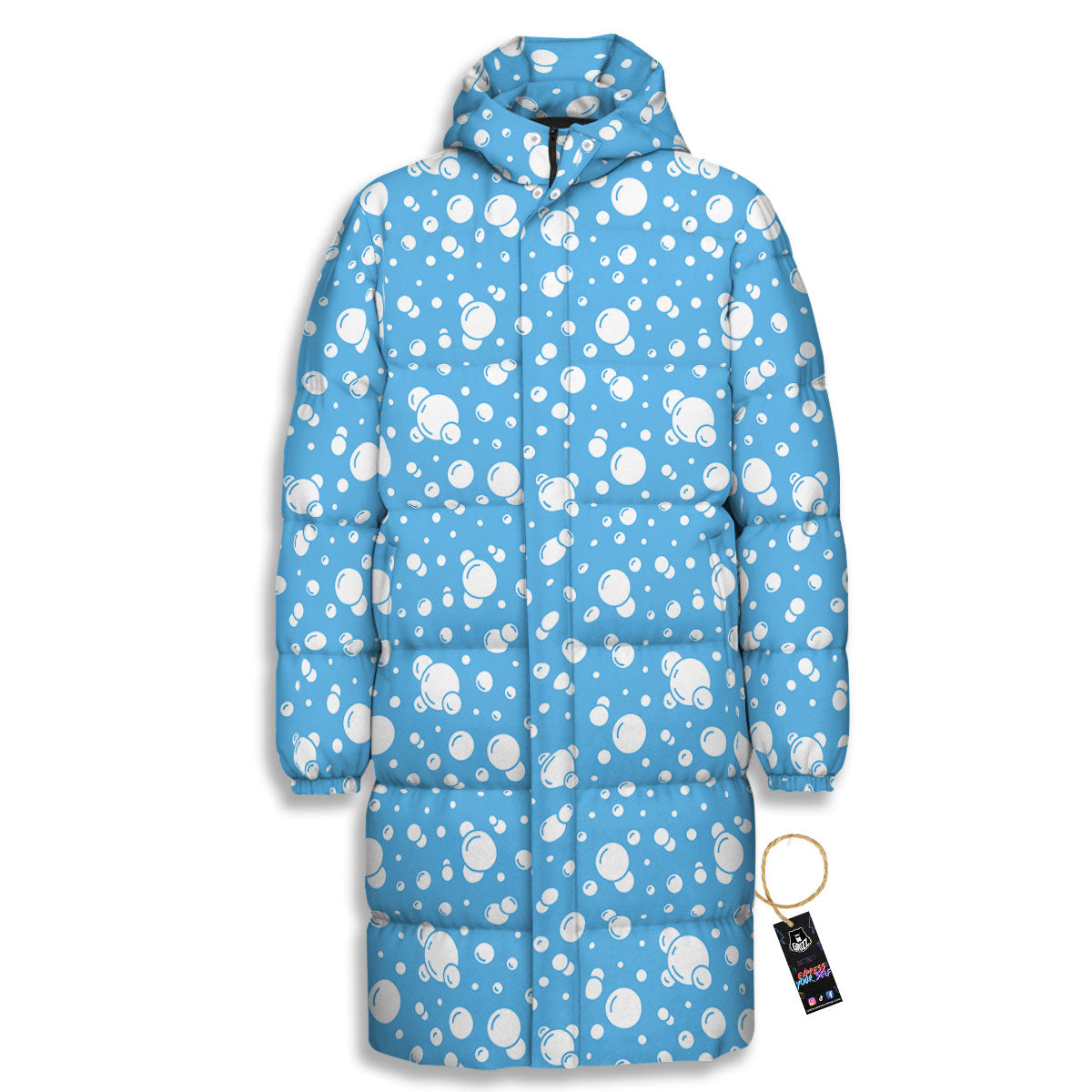 Bubble White And Blue Print Pattern Long Down Jacket