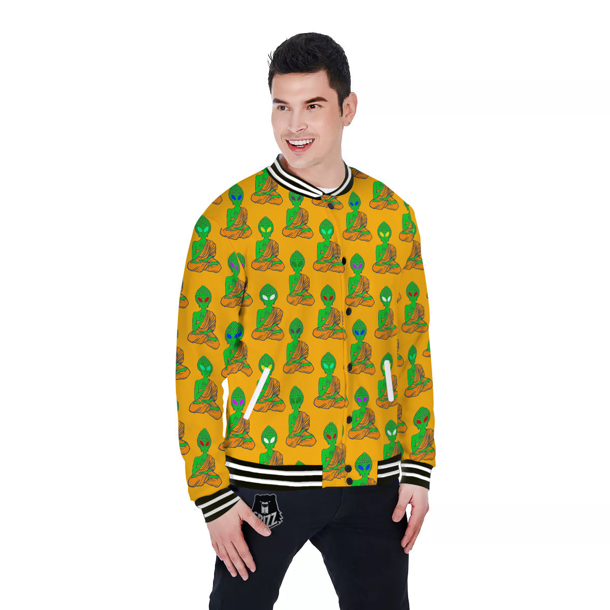 Buddha Alien Psychedelic Print Pattern Baseball Jacket-grizzshop