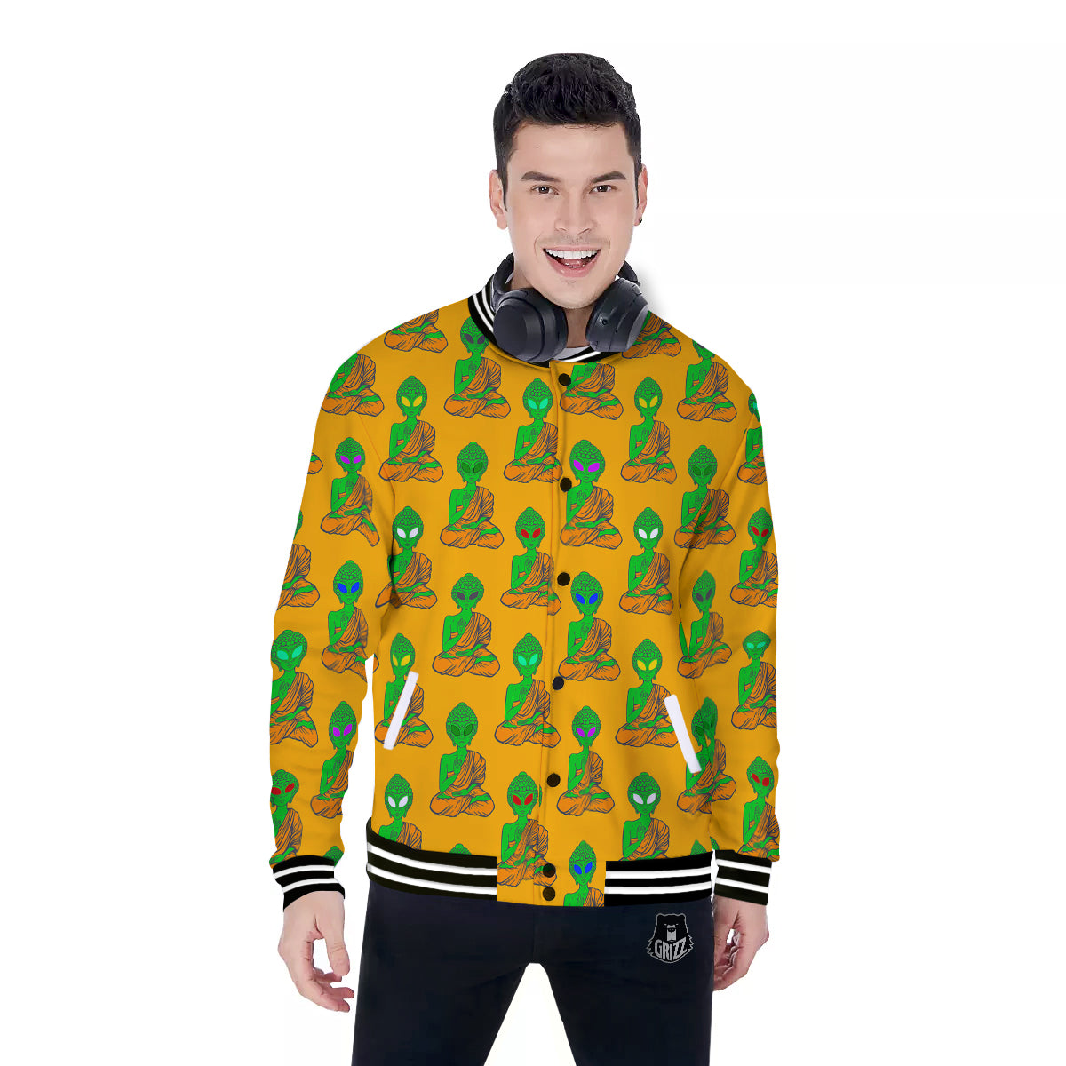 Buddha Alien Psychedelic Print Pattern Baseball Jacket-grizzshop